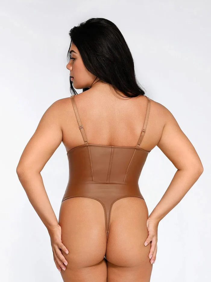 Brown faux leather corset bodysuit with adjustable straps and thong bottom