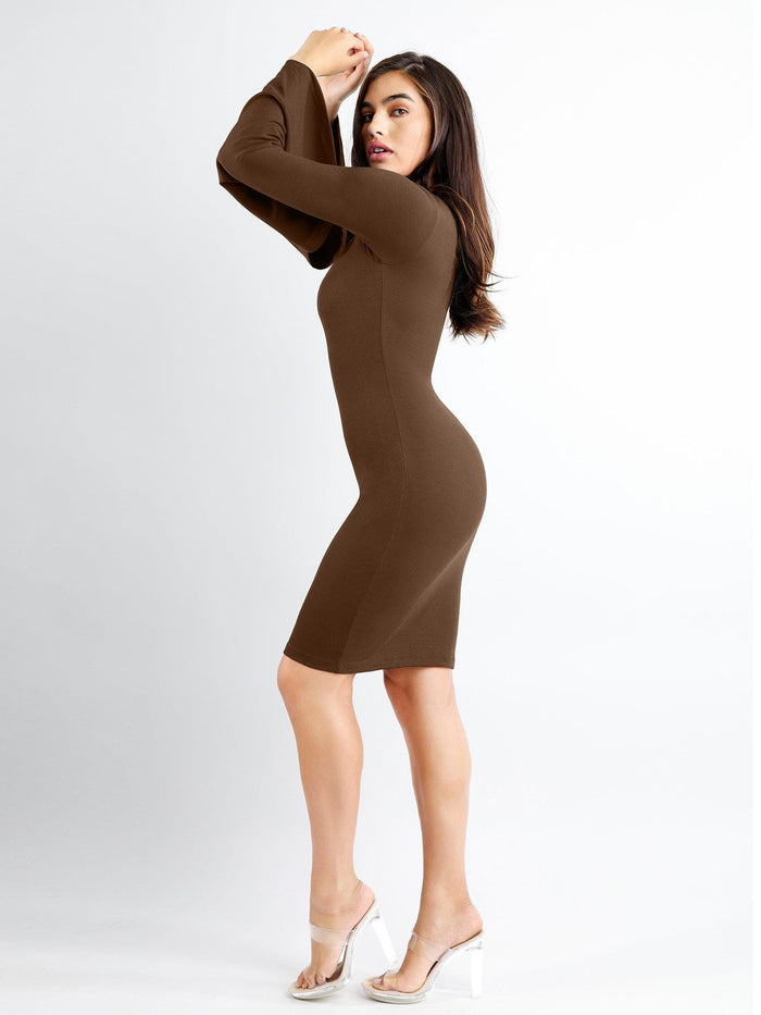 Popilush® dress showcasing the shapewear bell sleeve and midi style.