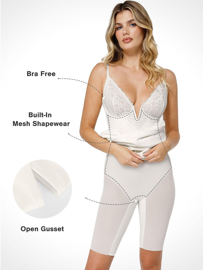 Popilush® white shapewear dress with lace trim, built-in bra-free design, mesh sculpting, and open gusset for comfort.