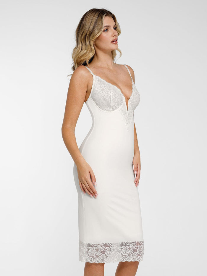 Shapewear midi dress with lace trim by Popilush®, offering support and a flattering fit.