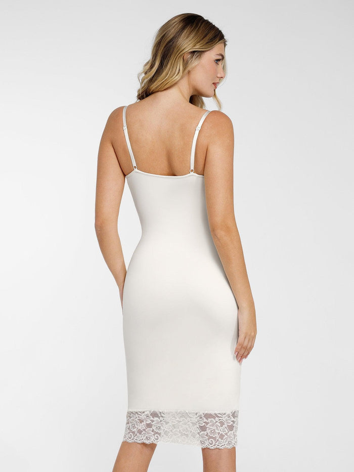 Elegant white midi dress, featuring lace trim, and Popilush® built-in shapewear