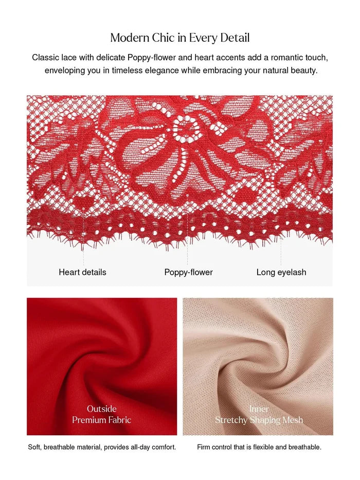 Popilush® bodysuit details: red lace with heart and poppy-flower patterns, premium fabric.