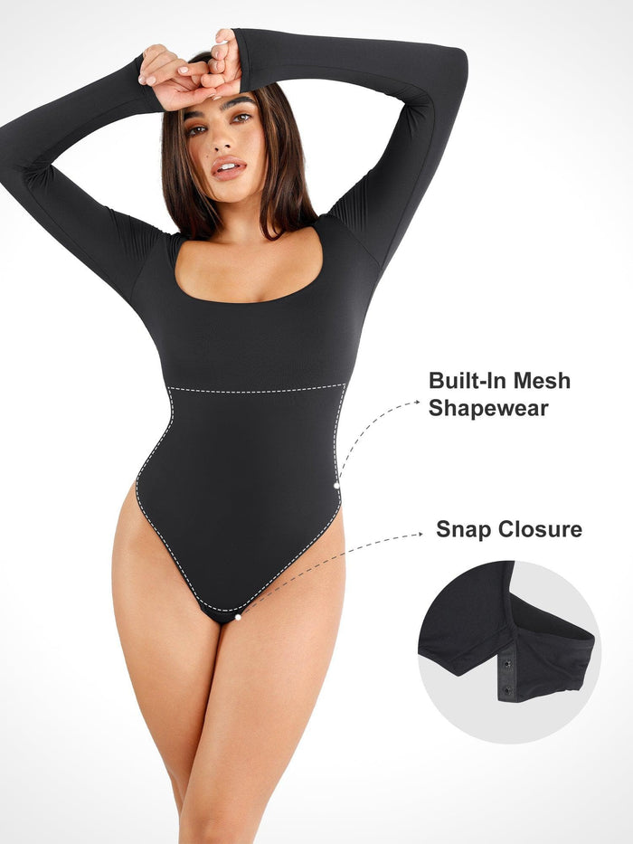 Black long-sleeve seamless bodysuit with square neck, built-in shaping mesh, and snap closure.