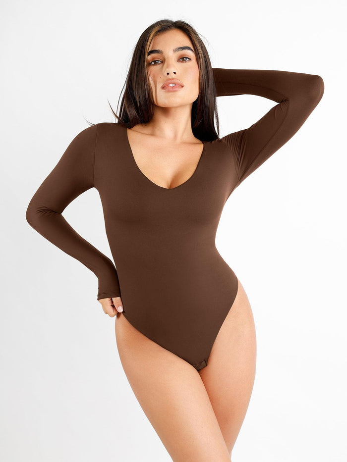 Popilush® CloudSense long sleeve bodysuit, V-neck shapewear