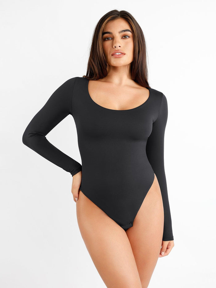 Black long sleeve bodysuit by Popilush®. Shapewear with flattering design