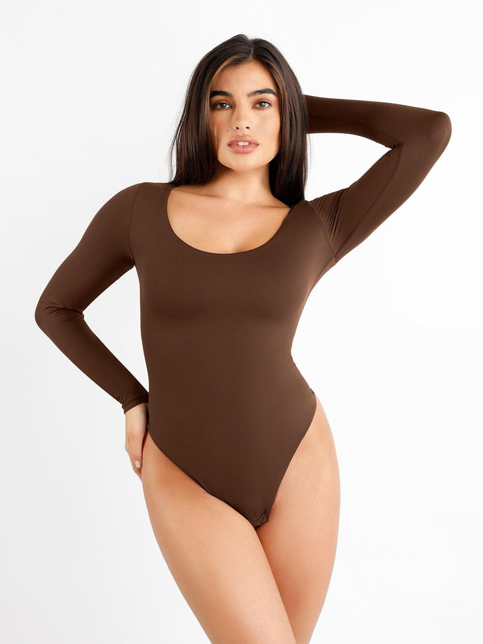 CloudSense seamless brown long-sleeve scoop-neck sculpting bodysuit