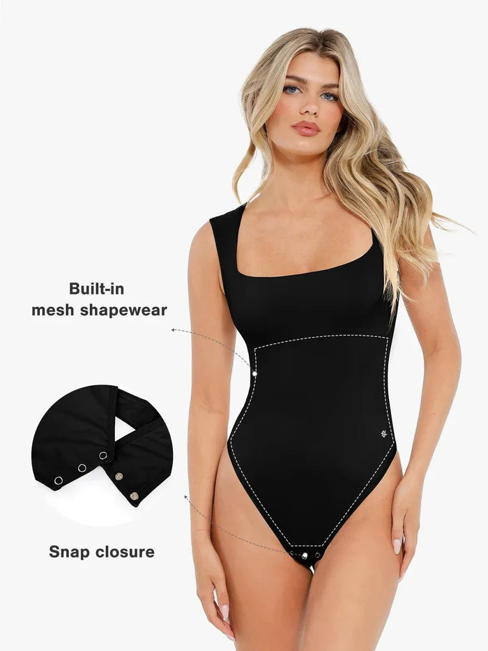 Popilush® Cloudsense Bodysuit with mesh shapewear and snap closure details.