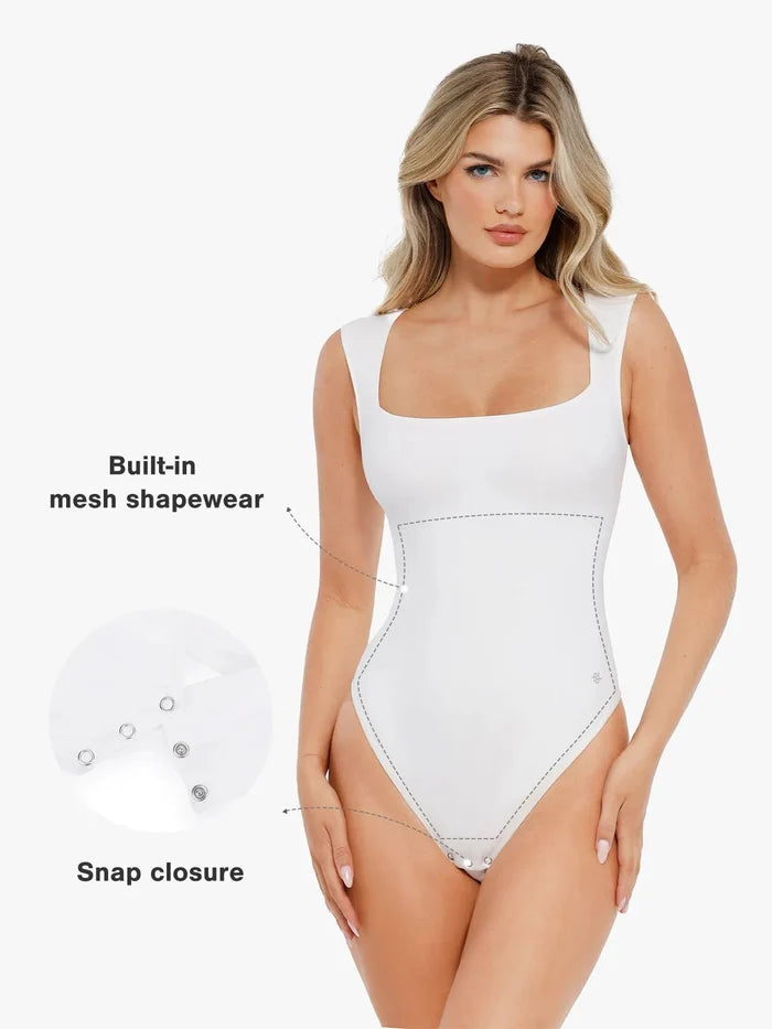 White square neck shapewear bodysuit by Popilush®, featuring snap closure details.