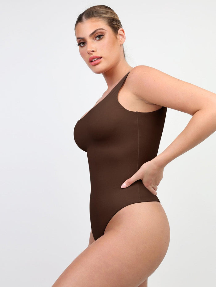 Brown seamless CloudSense tank top bodysuit, high-cut thong shapewear.