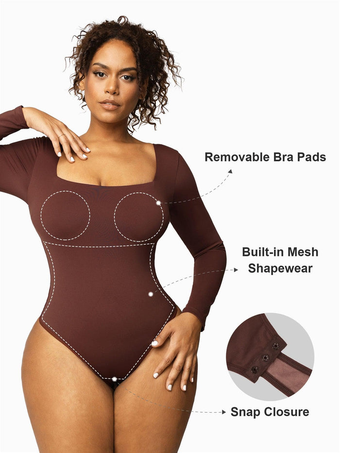 Brown square neck long sleeve bodysuit with tummy control shapewear, removable pads, and snap closure.