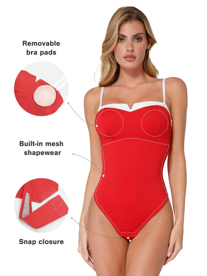 Red Popilush® Bodysuit with Contrast Trim and Shapewear features