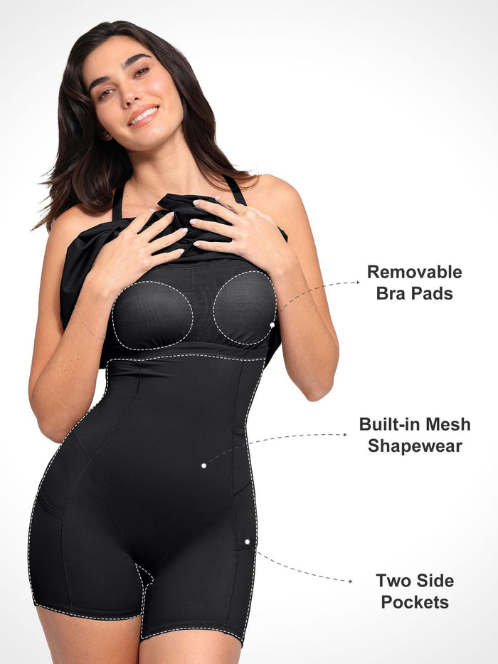 Popilush black shapewear workout dress: tummy control mesh, removable bra pads, two side pockets.