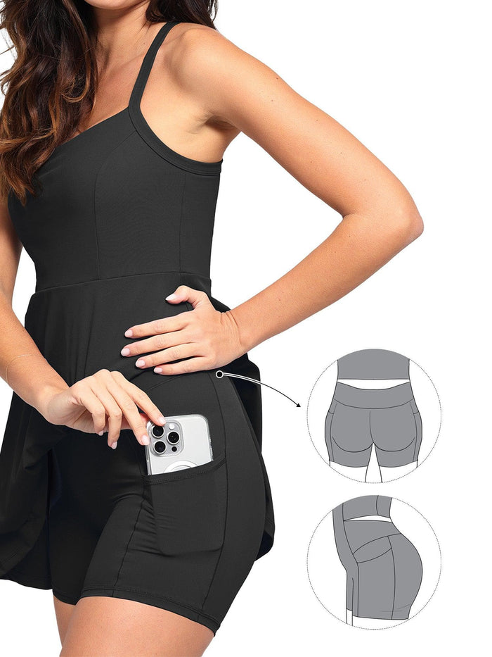 Black tennis shapewear dress with integrated shorts and side phone pocket.