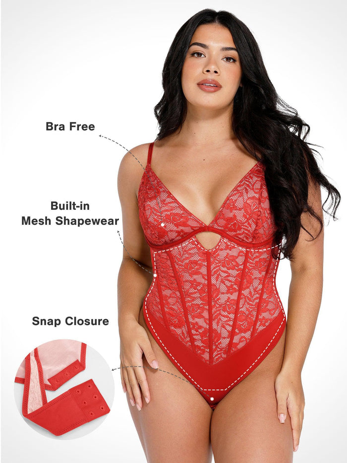 Popilush® red lace bodysuit with built-in shapewear, bra free, and snap closure for comfortable support.