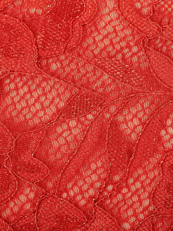 Red shimmering lace fabric detail for sculpting corset bodysuit