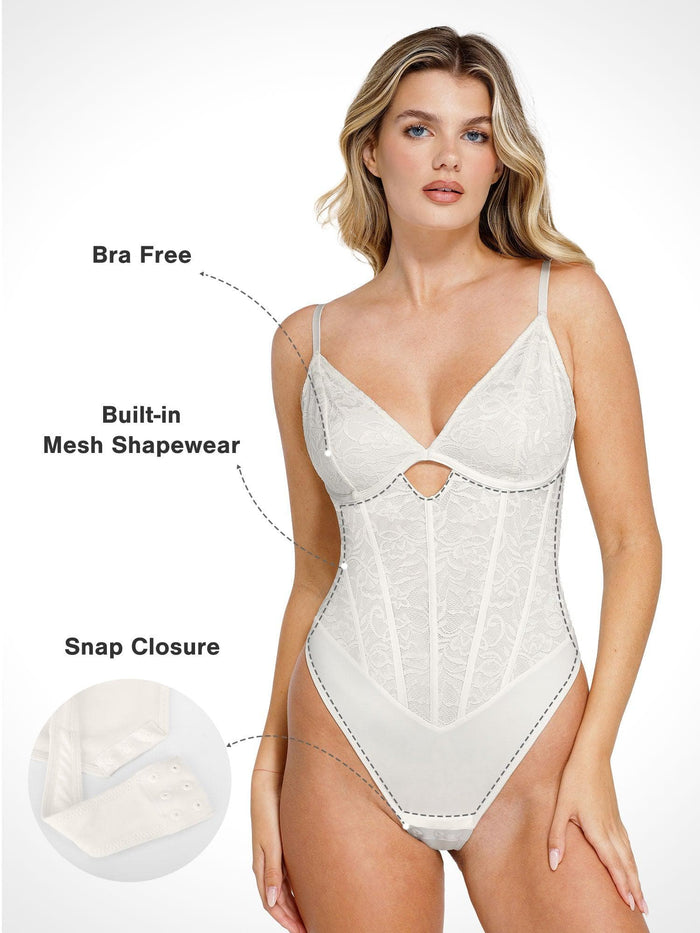 Popilush® lace shapewear bodysuit, bra-free design, built-in shaping, snap closure.