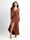 Brown shapewear maxi dress with deep V-neck, twist front, and thigh slit.