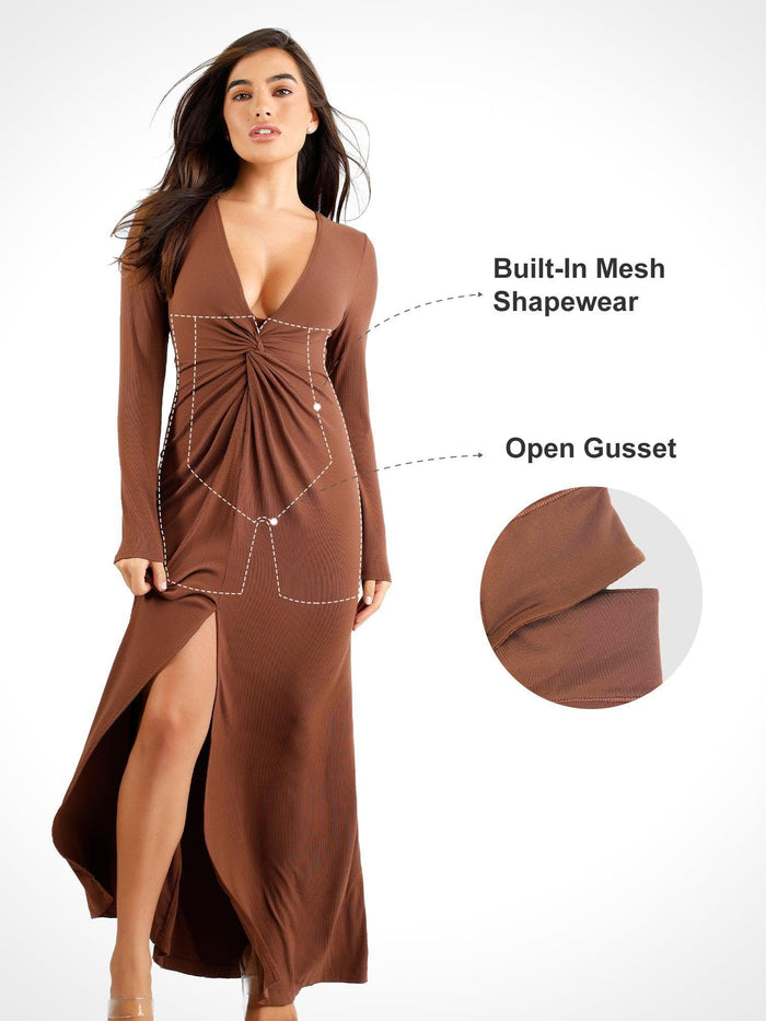 Brown ribbed maxi dress with deep V-neck, twist front detail, side slit, and built-in shapewear.