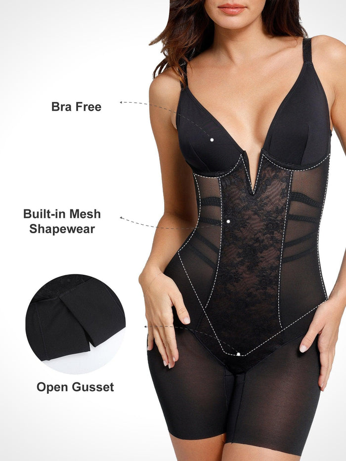 Black deep V-neck shapewear bodysuit: bra-free, mesh tummy control, open gusset, mid-thigh.