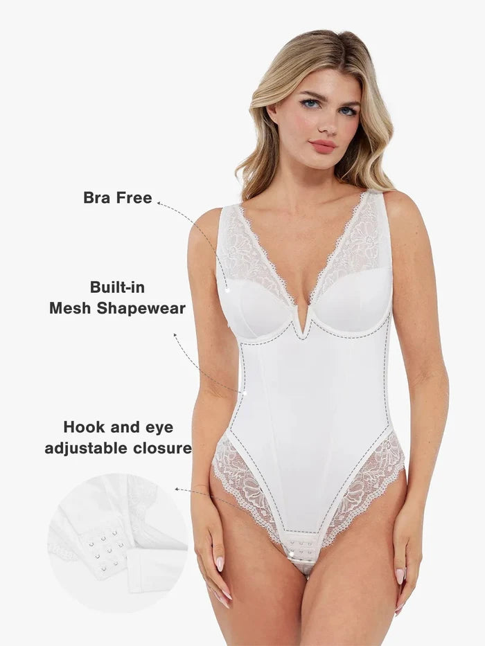 White V-neck mesh shapewear Popilush® bodysuit with adjustable closure
