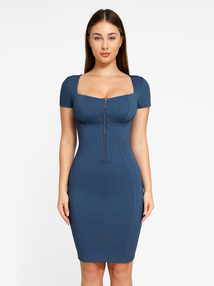 Blue denim shapewear dress by Popilush®, bodycon with zipper