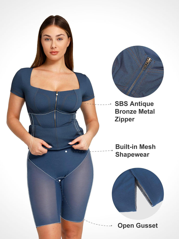 Built-in shapewear denim bodysuit by Popilush® with metal zipper detail.