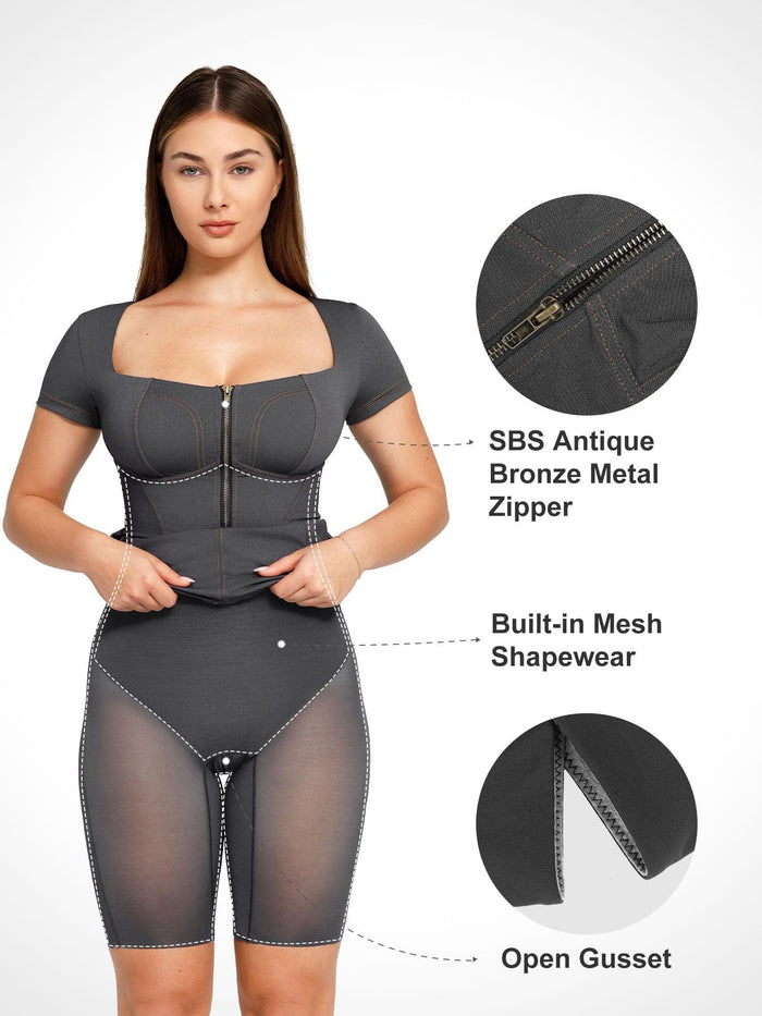 Popilush® denim bodysuit with a woman showing shapewear design features