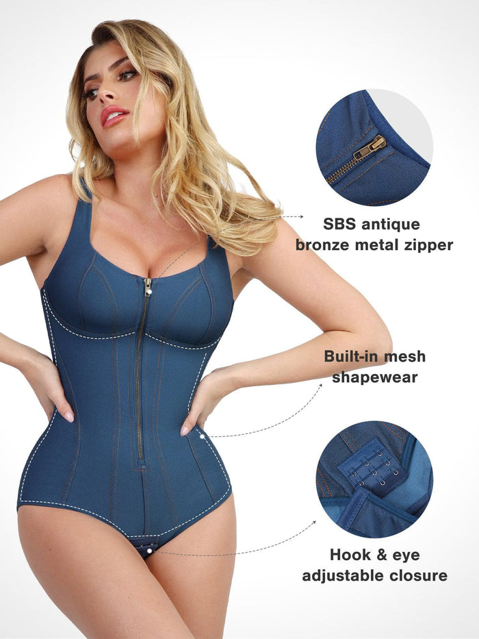 Popilush® shapewear denim bodysuit with bronze zipper and tummy control