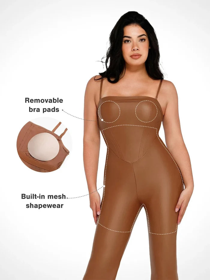 Faux Leather Jumpsuit by Popilush®: Built-in Shapewear & Removable Pads