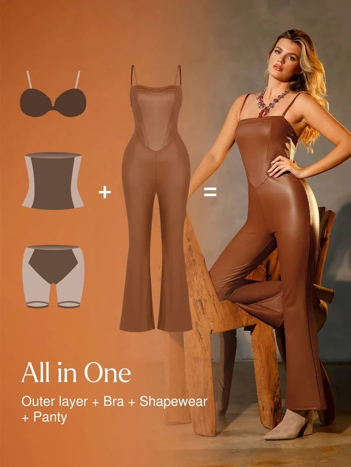 Popilush® Faux Leather Shapewear Jumpsuit: All-in-one design for slimming look.