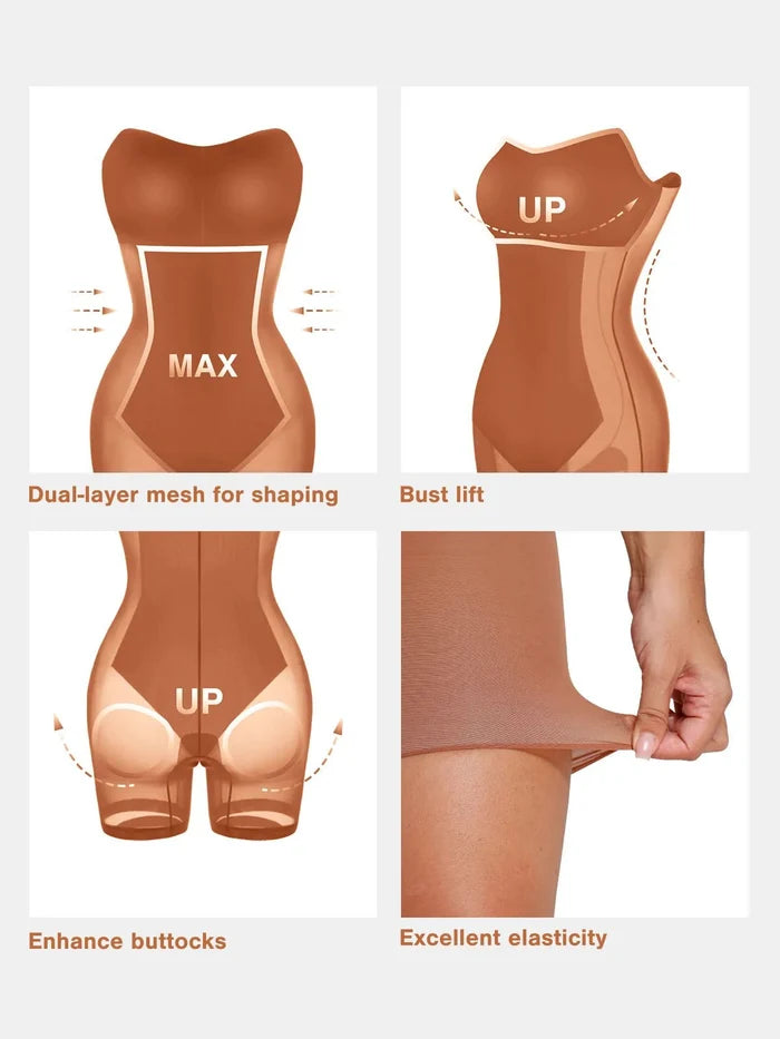 Shapewear Jumpsuit features by Popilush®: dual-layer shaping, bust lift, enhanced buttocks and elasticity.