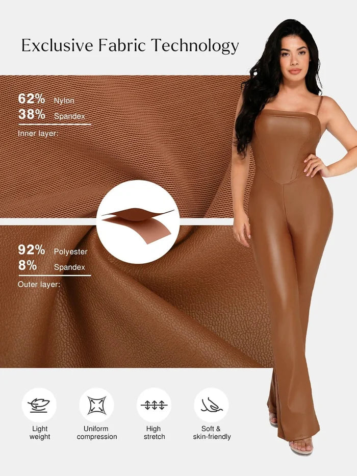 Features of the Popilush® shapewear jumpsuit fabric are shown.