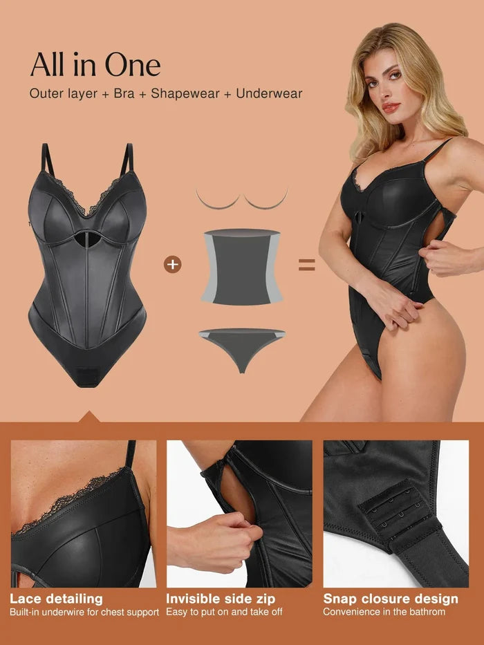 Popilush® Faux Leather Shapewear Bodysuit: All-in-one, lace detail, built-in support. Stylish & functional design.