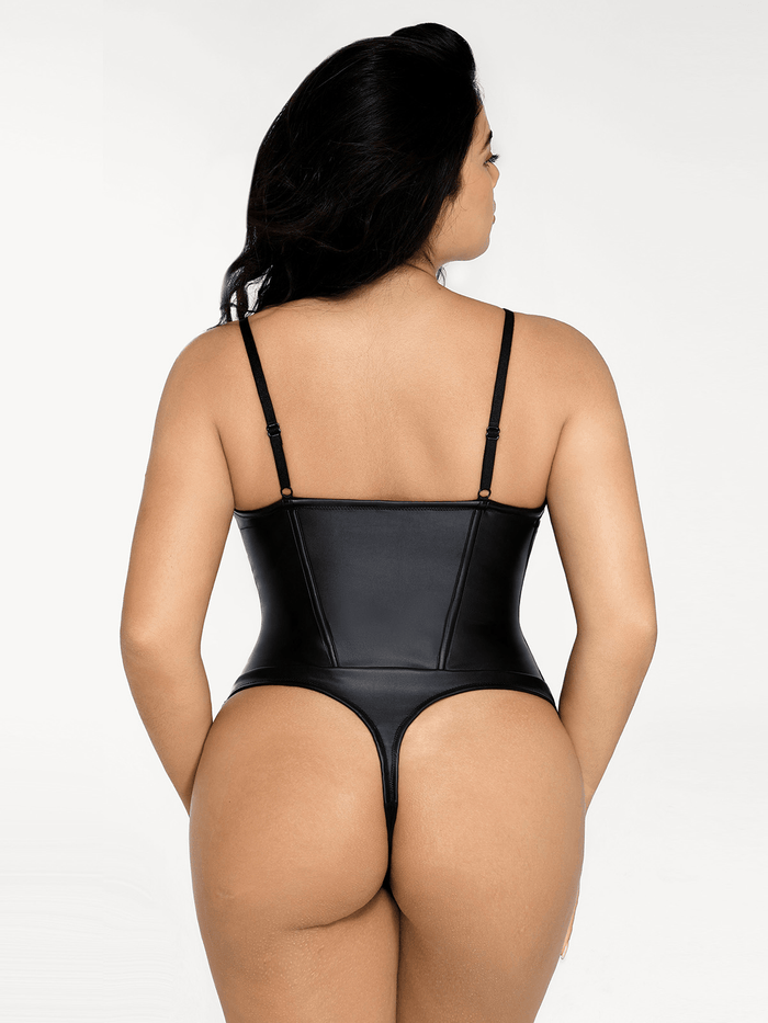 Popilush® Tops Body Shaper Slip Thong Shapewear Faux Leather Hourglass Cutout Corset Bodysuit
