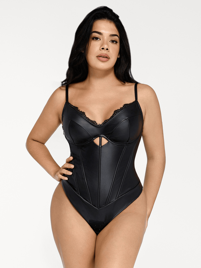 Shapewear faux leather hourglass cutout corset bodysuit with lace trim.