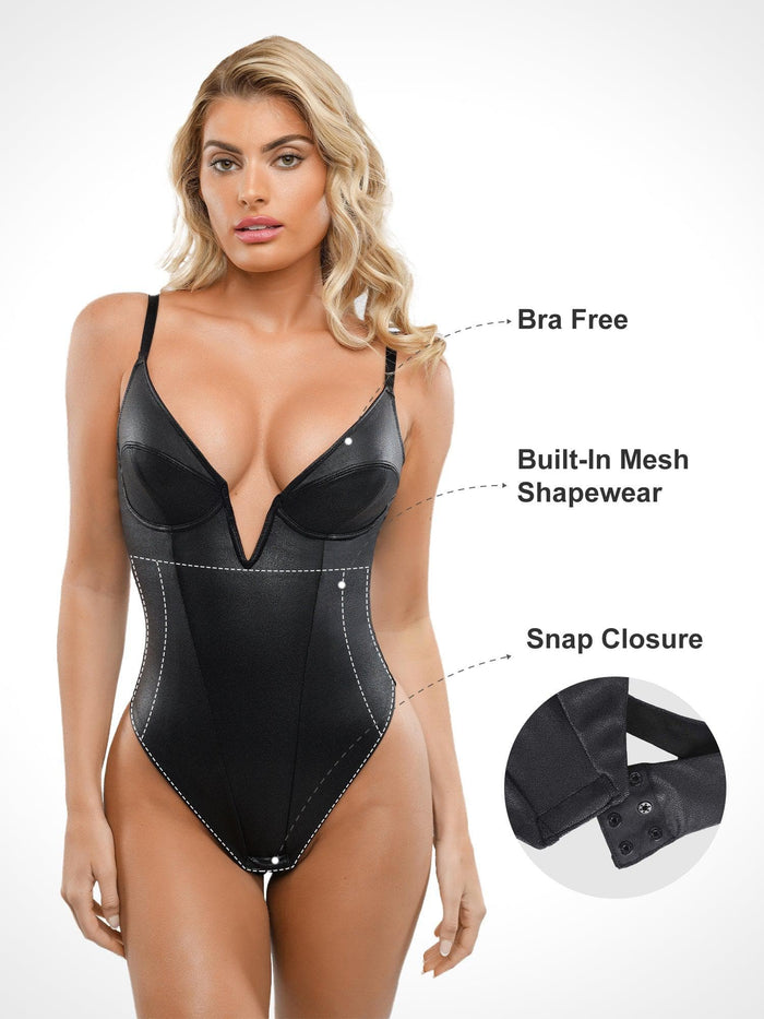 Black faux leather sculpting bodysuit, plunge V-neck, built-in shapewear, snap closure.
