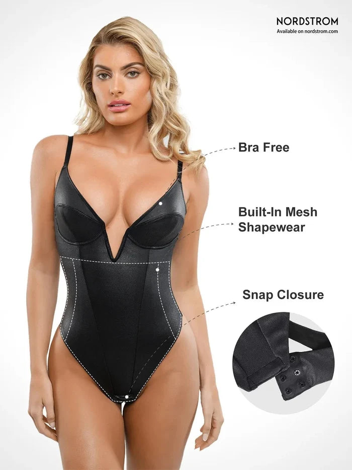 Popilush® Tops Body Shaper Tank Shapewear Faux Leather Plunging V Sculpting Corset Bodysuit