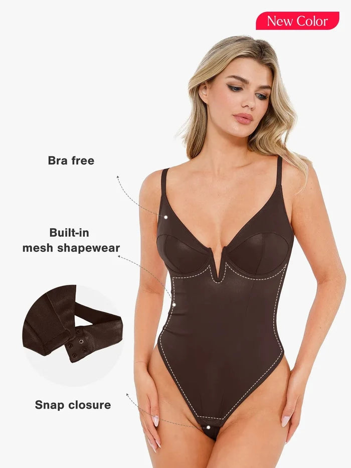 New brown leather Popilush® deep V-neck thong bodysuit