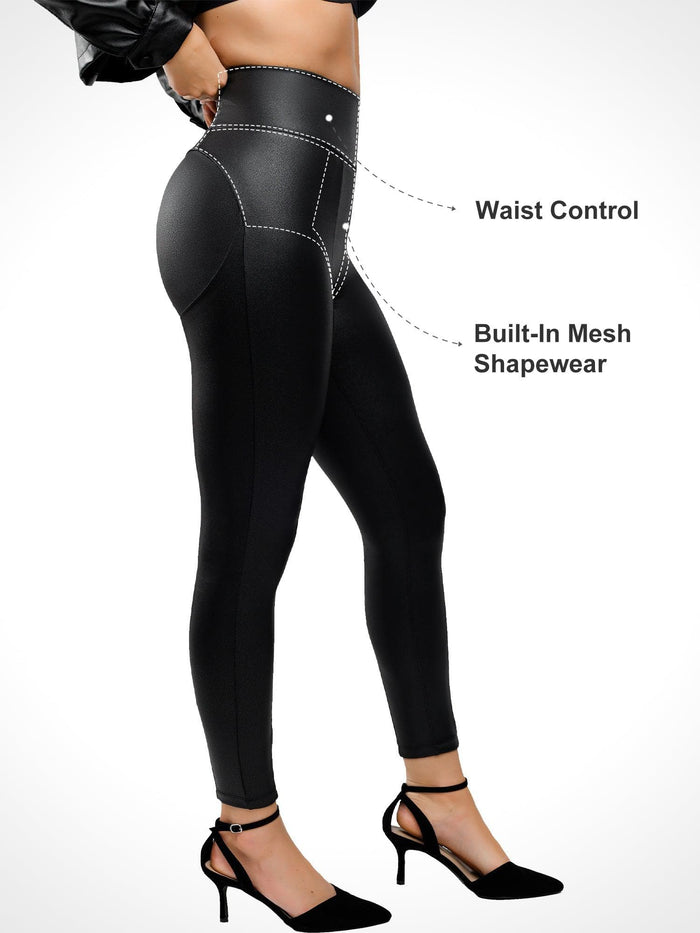 Black faux leather high rise shapewear leggings with tummy control and built-in mesh panels.