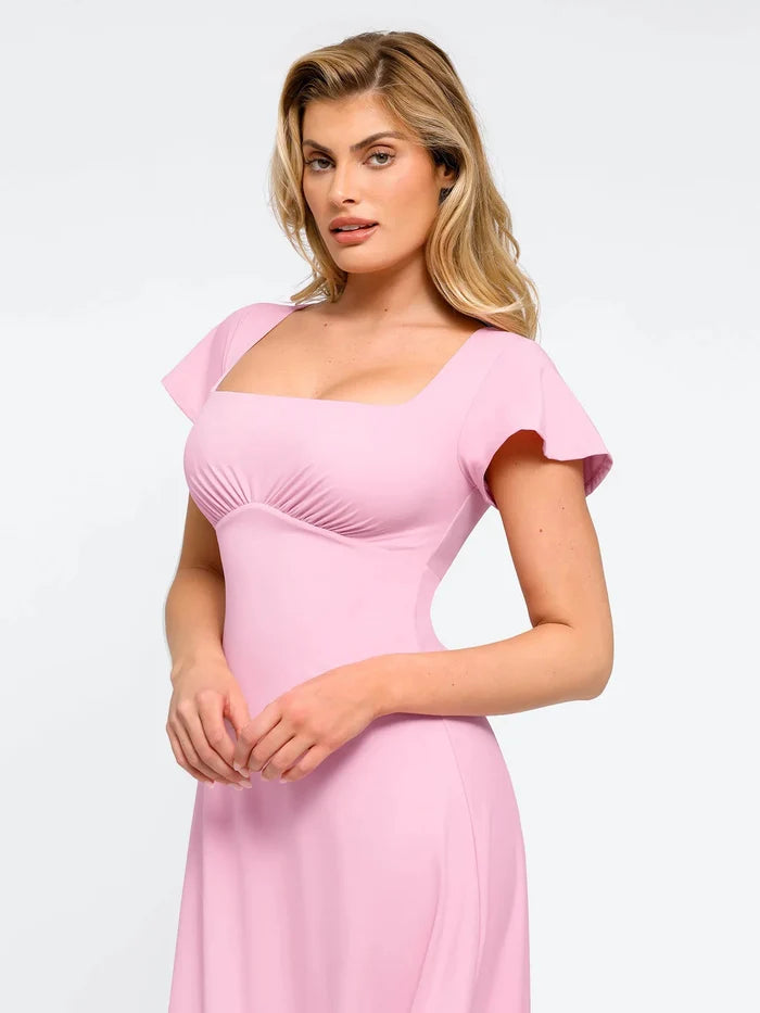 Pink A-line midi dress with flutter sleeves, square neck, and built-in shapewear