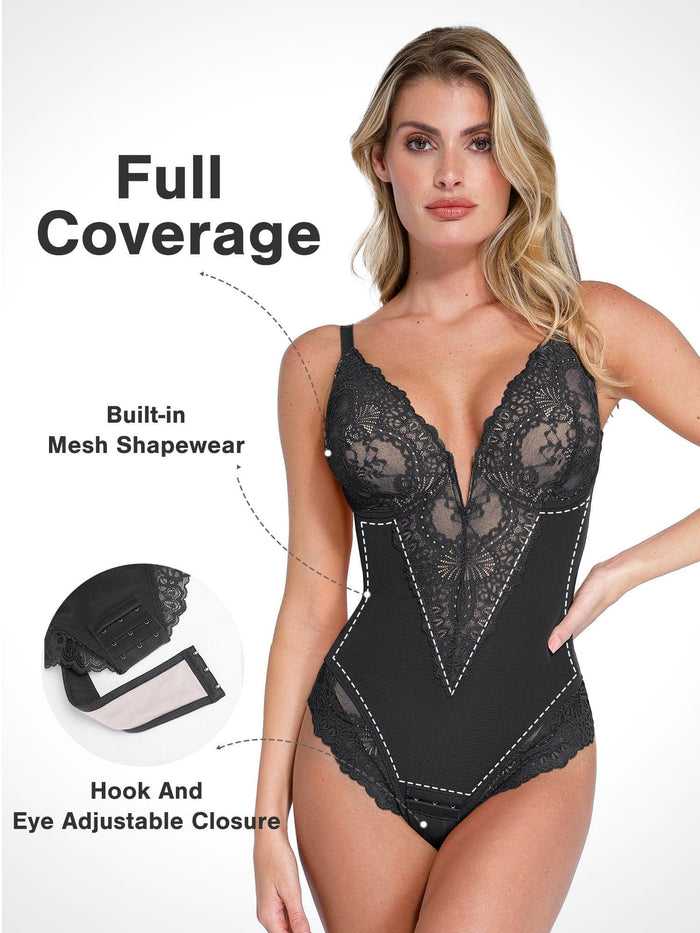 Popilush® black lace plunging bodysuit: Full coverage, built-in mesh, hook closure, slimming effect