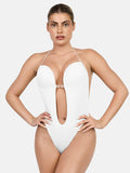 Elegant white Popilush® bodysuit with deep U-plunge design, perfect for low-back dresses.