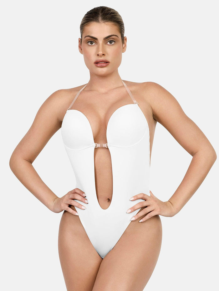 Elegant white Popilush® bodysuit with deep U-plunge design, perfect for low-back dresses.