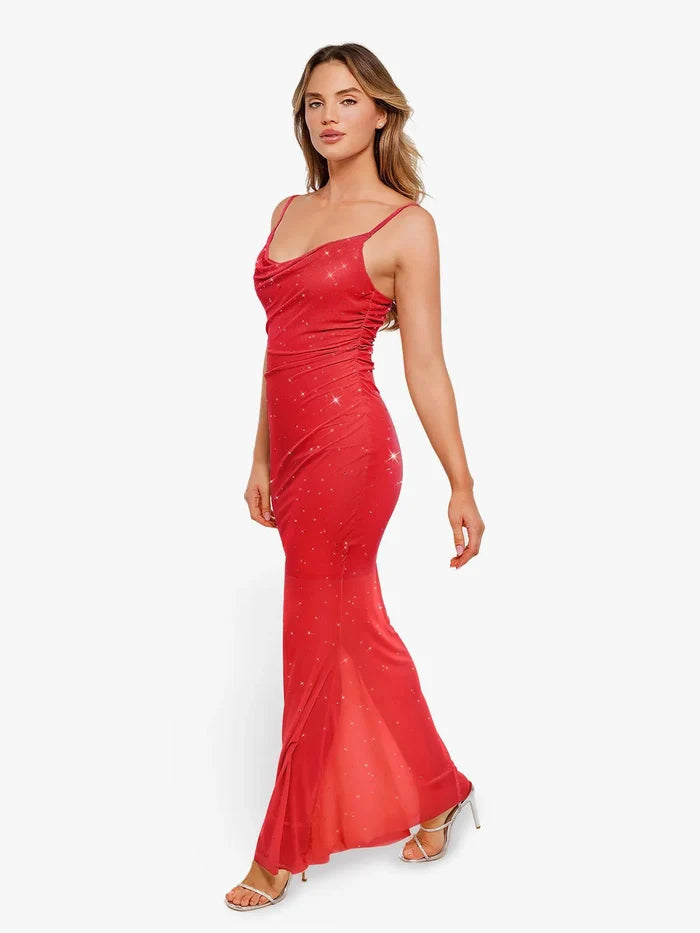 Shapewear maxi dress with rhinestone details by Popilush®; elegant and comfortable.