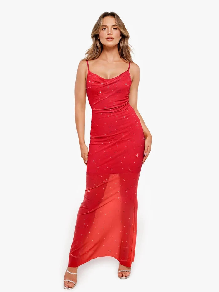 Popilush® red shapewear maxi dress with sparkling rhinestones and a draped neckline.
