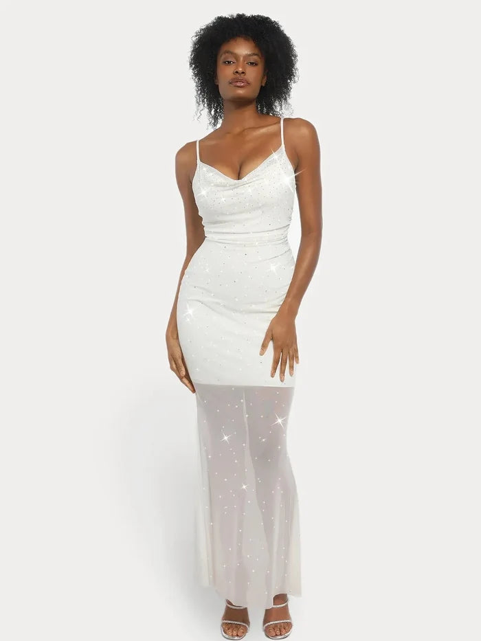 Popilush® Diamonds Bodycon Party Cocktail Evening Gown White / S Shapewear Heat-Set Crystal Mesh Slimming Maxi Slip Dress