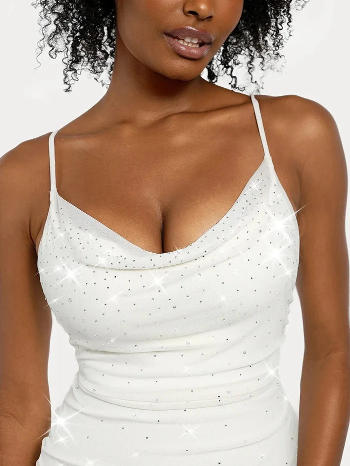 Popilush® Diamonds Bodycon Party Cocktail Evening Gown Shapewear Heat-Set Crystal Mesh Slimming Maxi Slip Dress