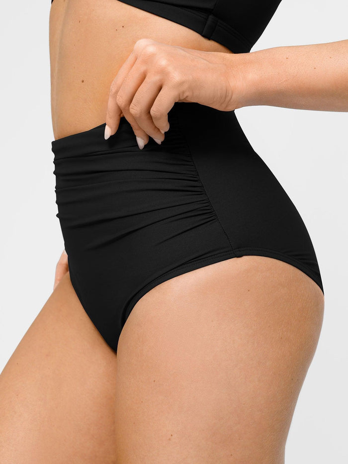 Black Popilush® high-waisted bikini bottom with tummy control and flattering ruching