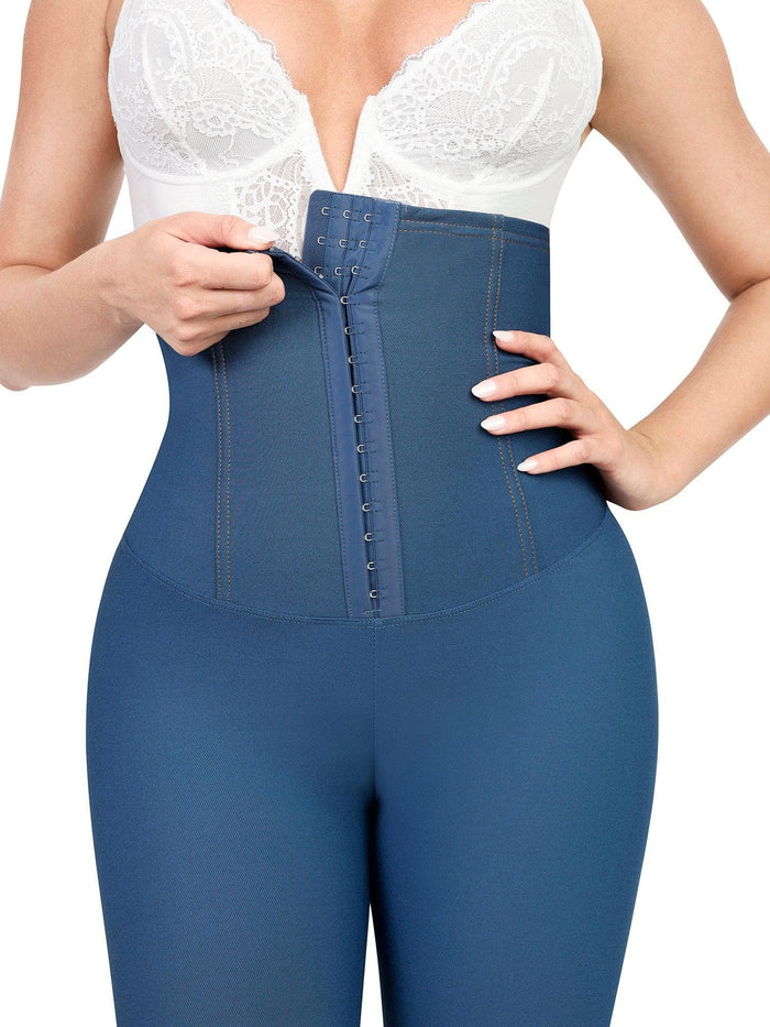 Blue high-waist shapewear denim leggings with front hook-and-eye closure for tummy control.