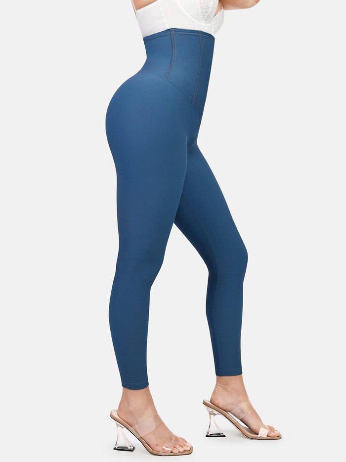 Blue high-waist tummy control denim leggings providing a smooth, sculpted silhouette.